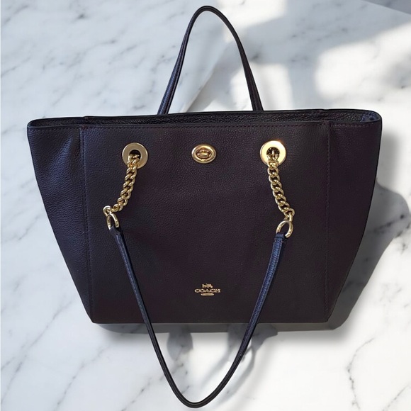 NEW WITH TAGS! Authentic COACH Oxblood Pebble Leather Turnlock Chain Tote Bag! - Picture 10 of 16